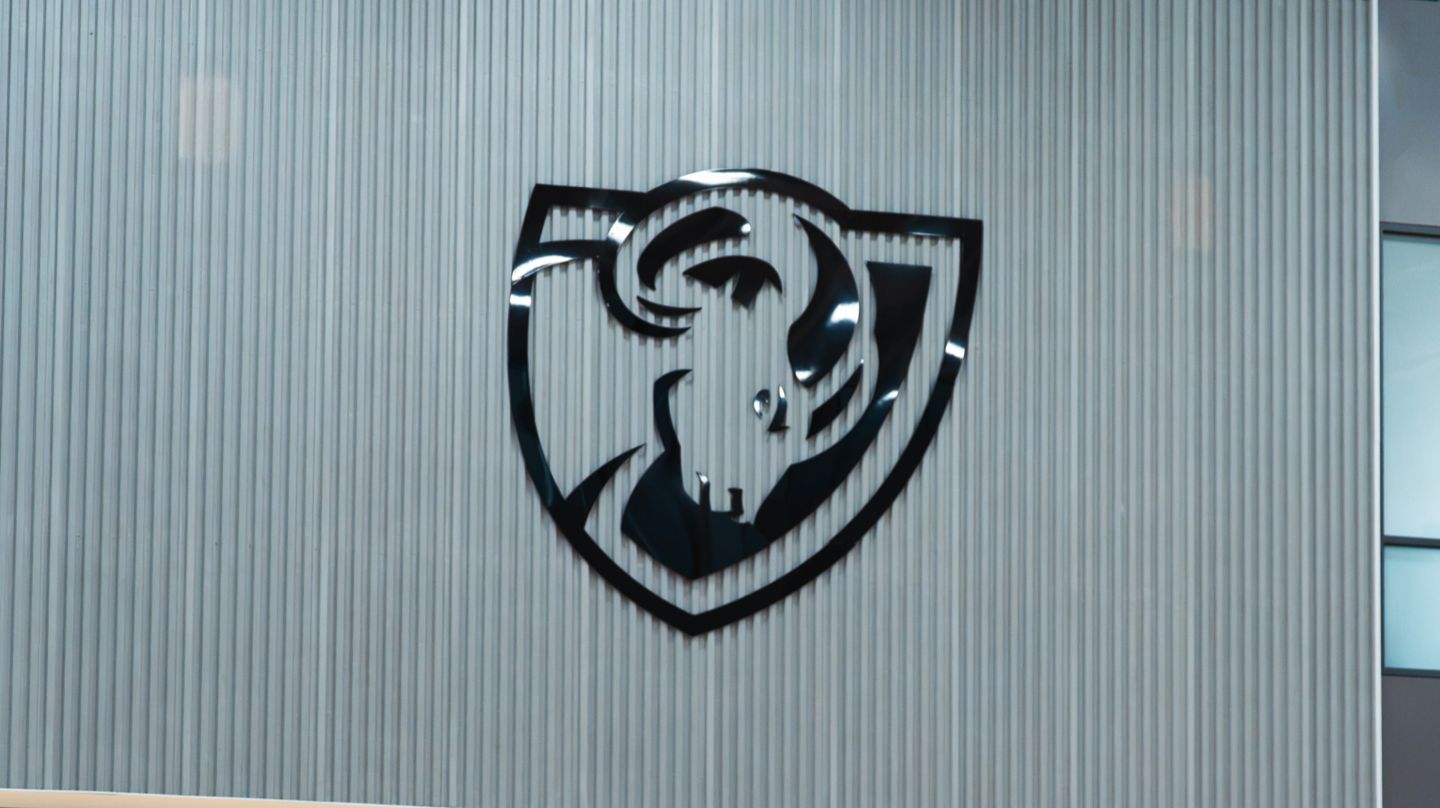 The Rams shield on the wall of the VCU women’s basketball practice gym
